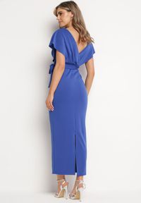 Born2be - Granatowa Wieczorowa Sukienka z Kopertowym Dekoltem i Rozcięciem z Materiałowym Paskiem Vorni. Okazja: na co dzień. Kolor: niebieski. Materiał: materiał. Typ sukienki: kopertowe. Styl: wizytowy #6