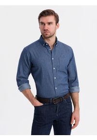 Ombre Clothing - Wzorzysta męska koszula z cienkiego jeansu z kieszonką – niebieska V2 - Rozmiar: XL. Okazja: na co dzień. Kolor: niebieski. Materiał: jeans. Wzór: gładki. Styl: klasyczny, casual