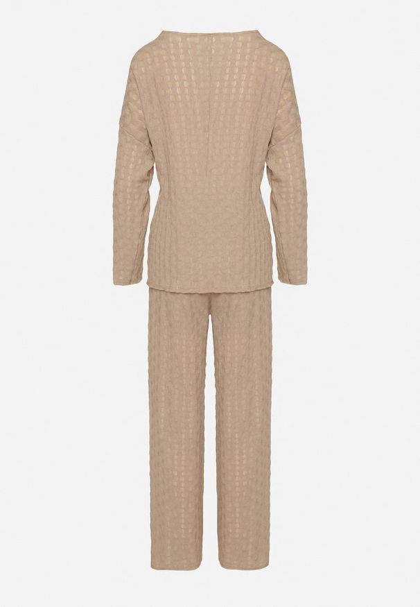 Born2be - Jasnobrązowy Komplet Szerokie Spodnie i Bluzka z Ozdobnym Wiązaniem Cilinne. Kolor: brązowy. Materiał: materiał