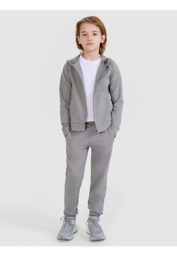 4f - 4F Bluza sportowa rozpinana z kapturem chłopięca - szara 146/152 (10-12 lat). Okazja: na co dzień. Typ kołnierza: kaptur. Kolor: szary. Materiał: dzianina, elastan, włókno, syntetyk, materiał. Długość rękawa: raglanowy rękaw. Wzór: gładki, jednolity, ze splotem. Sezon: lato. Styl: sportowy