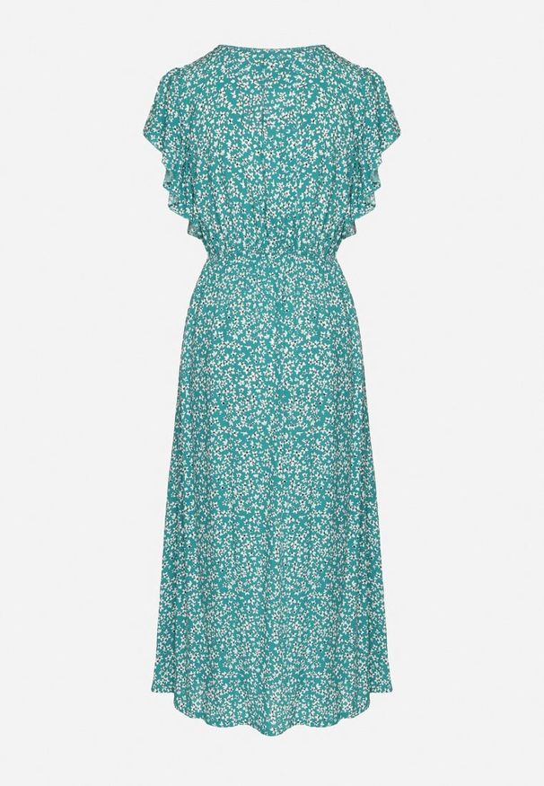 Born2be - Zielona Bawełniana Sukienka z Gumką w Talii w Drobne Kwiatki Nulinea. Okazja: na co dzień. Typ kołnierza: dekolt w serek. Kolor: zielony. Materiał: bawełna. Wzór: kwiaty. Typ sukienki: rozkloszowane. Styl: casual, klasyczny, elegancki