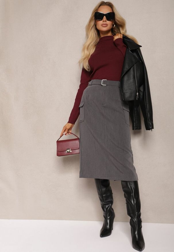 Renee - Szara Spódnica z Wiskozą Ozdobione Kieszeniami Cargo i Materiałowym Paskiem Labinia. Okazja: do pracy, na co dzień, na spotkanie biznesowe. Kolor: szary. Materiał: materiał, wiskoza. Wzór: aplikacja. Styl: klasyczny, casual, elegancki, biznesowy