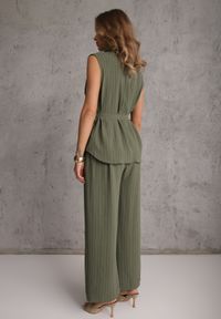 Renee - Ciemnozielony Komplet z Wiskozy Spodnie Wide Leg i Koszula Bez Rękawów z Paskiem Adduin. Kolor: zielony. Materiał: wiskoza #8