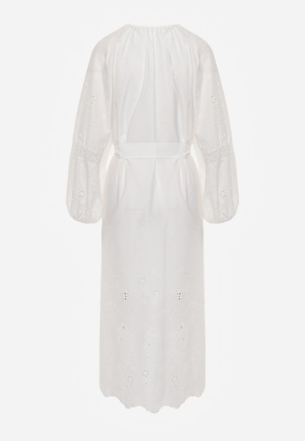 Born2be - Biała Bawełniana Sukienka Boho z Paskiem Haftem i Ażurowymi Wstawkami Orilise. Okazja: na co dzień, na randkę, do pracy. Kolor: biały. Materiał: bawełna. Długość rękawa: długi rękaw. Wzór: ażurowy, haft. Typ sukienki: proste. Styl: boho