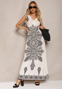 Renee - Beżowo-Czarna Sukienka z Ornamentalnym Wzorem Sznurkami Przy Ramionach i Gumką w Talii Alerada. Kolor: beżowy. Materiał: tkanina. Sezon: lato #4