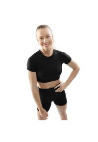SIROKO - Damska bezszwowa sportowa koszulka crop top z krótkim rękawem Fitness Siroko A. Kolor: czarny. Materiał: materiał, tkanina. Długość rękawa: krótki rękaw. Długość: krótkie. Sport: fitness
