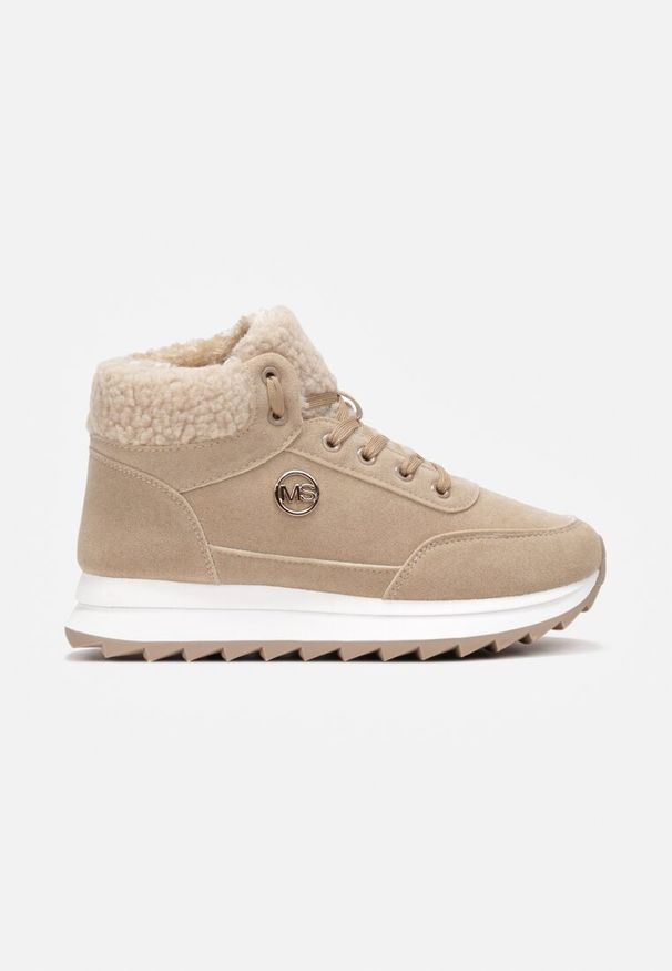 Born2be - Ciemnobeżowe Sneakersy Mocno Ocieplone Sztucznym Futerkiem Rosanas. Okazja: na spacer. Nosek buta: okrągły. Zapięcie: sznurówki. Kolor: beżowy. Materiał: futro. Obcas: na obcasie. Wysokość obcasa: niski. Sport: turystyka piesza