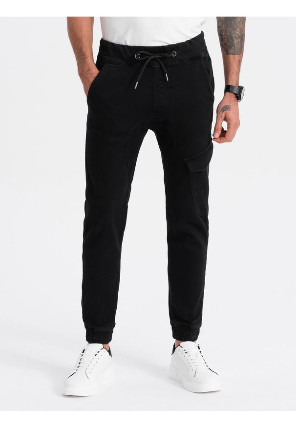 Ombre Clothing - Spodnie męskie JOGGERY z kieszenią cargo - czarne V2 OM-PADJ-0112 - XL. Kolor: czarny. Materiał: bawełna, elastan, poliester, materiał