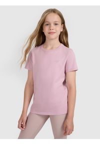 4f - 4F T-shirt oversize gładki dziewczęcy - różowy 140 (9-10 lat). Okazja: na co dzień. Kolor: różowy. Materiał: dzianina, jersey, bawełna. Długość rękawa: krótki rękaw. Długość: krótkie. Wzór: gładki. Sezon: lato. Styl: casual, klasyczny, sportowy #1