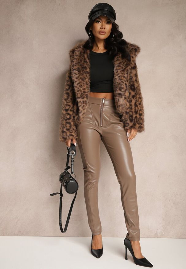Renee - Beżowe Spodnie High Waist z Ekoskóry z Ozdobnym Suwakiem i Ociepleniem Ilanilith. Okazja: na co dzień. Stan: podwyższony. Kolor: beżowy. Styl: casual, elegancki