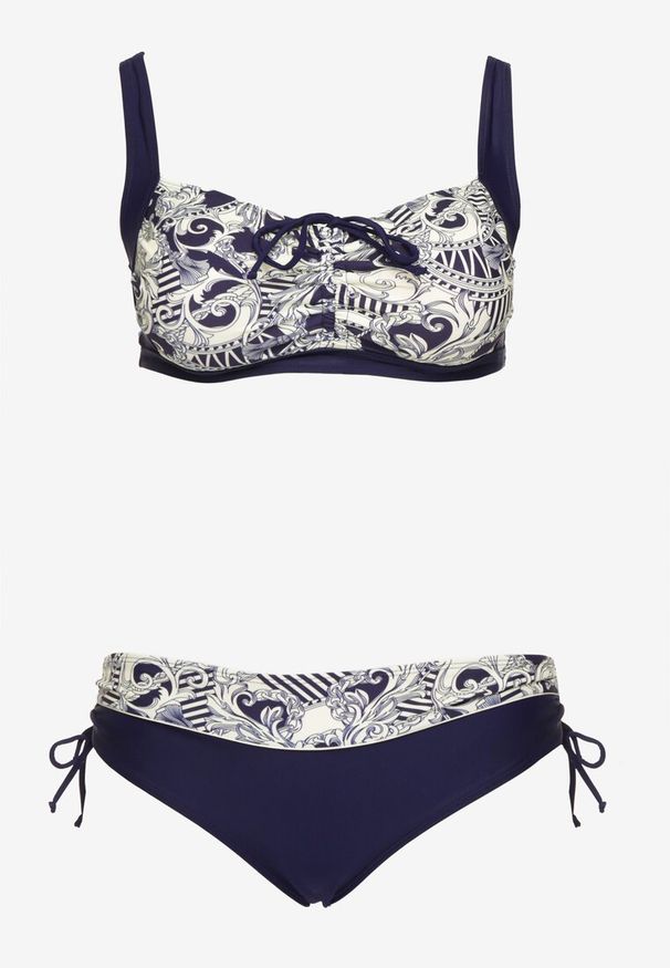 Born2be - Granatowe Bikini ze Ściągaczami Biustonosz i Majtki Figi Miladenna. Kolekcja: plus size. Kolor: niebieski. Materiał: len. Wzór: aplikacja