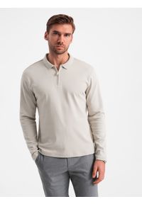 Ombre Clothing - Longsleeve męski z zapinanym na zamek kołnierzykiem polo – popielaty V2 - Rozmiar: XL. Typ kołnierza: polo. Kolor: szary. Materiał: materiał, dzianina, skóra, bawełna. Długość rękawa: długi rękaw. Wzór: aplikacja. Styl: elegancki, sportowy