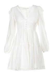 Born2be - Biała Sukienka Merirah. Kolor: biały. Materiał: bawełna, tkanina. Długość rękawa: długi rękaw. Wzór: aplikacja, haft. Długość: mini #4