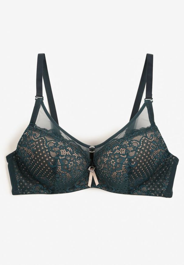 Renee - Ciemnozielony Biustonosz Push-Up z Koronki Ozdobiony Metalową Aplikacją Arissta. Kolor: zielony. Materiał: koronka. Rodzaj stanika: push-up. Wzór: aplikacja, koronka