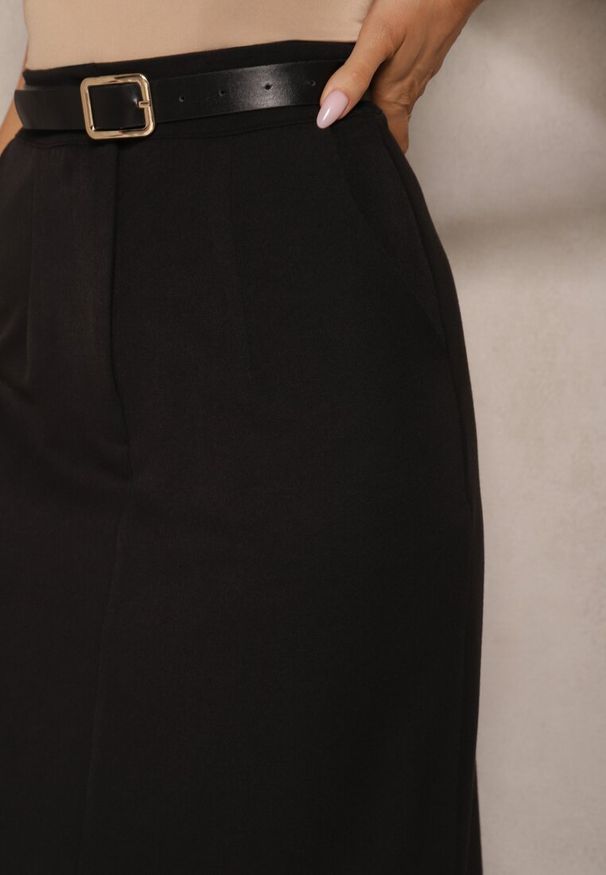 Renee - Czarna Spódnica Ołówkowa z Wiskozą High Waist z Rozcięciem Semivinia. Okazja: na co dzień. Stan: podwyższony. Kolor: czarny. Materiał: wiskoza. Styl: casual, elegancki, wizytowy