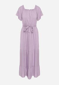 Born2be - Fioletowa Sukienka z Wiskozy Telephanassa. Typ kołnierza: dekolt hiszpanka. Kolor: fioletowy. Materiał: wiskoza. Długość rękawa: krótki rękaw. Wzór: gładki. Typ sukienki: rozkloszowane. Długość: maxi #4