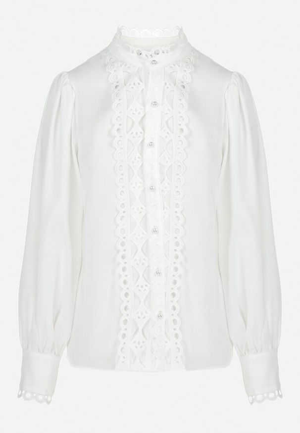 Born2be - Biała Koszula z Koronką i Perłami Cassa. Kolor: biały. Materiał: koronka. Wzór: koronka