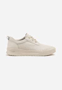 Renee - Beżowe Skórzane Sneakersy Ozdobione Perforacją Sorivna. Okazja: na co dzień. Zapięcie: sznurówki. Kolor: beżowy. Materiał: skóra. Wzór: aplikacja #4