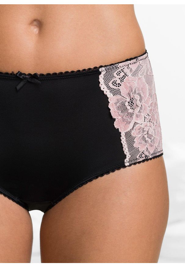bonprix - Figi maxi z mikrofibry z koronką (3 pary). Kolor: czarny. Materiał: mikrofibra, koronka. Wzór: koronka