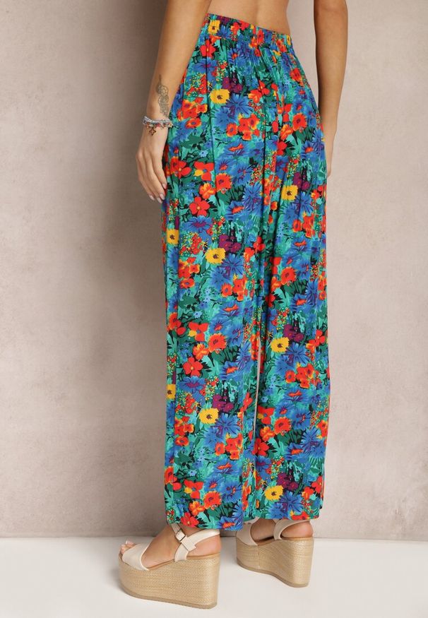 Renee - Niebiesko-Pomarańczowe Wiskozowe Spodnie z Prostą Nogawką High Waist w Kwiatowy Wzór Zaranima. Stan: podwyższony. Kolor: niebieski. Materiał: wiskoza. Wzór: kwiaty. Sezon: lato
