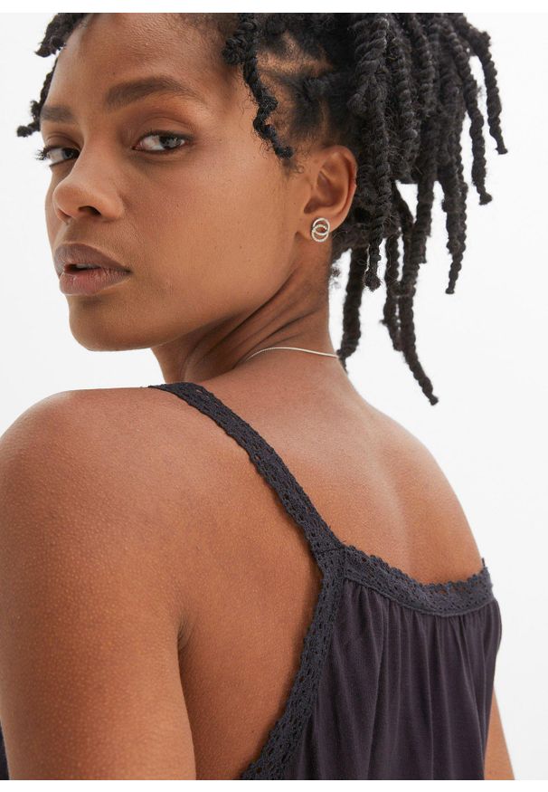 bonprix - Top z lejącej wiskozy. Kolor: czarny. Materiał: wiskoza, koronka. Długość rękawa: na ramiączkach