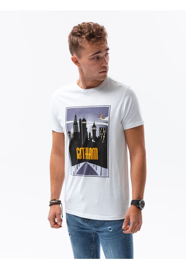 Ombre Clothing - T-shirt męski z nadrukiem S1434 V-4A - biały - XXL. Kolor: biały. Materiał: bawełna. Wzór: nadruk. Styl: klasyczny