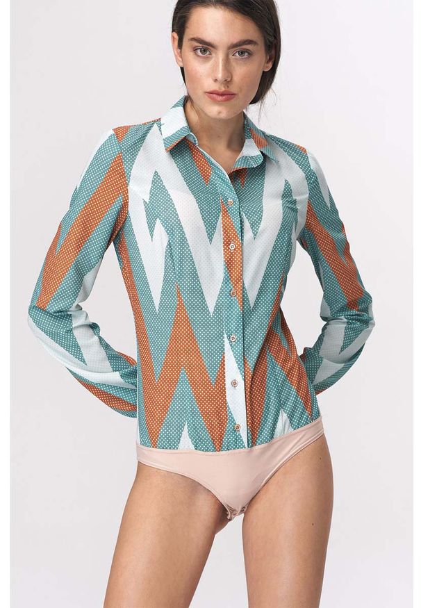 Nife - Stylowe Koszulowe Body z Wzorem. Materiał: poliester, elastan. Styl: elegancki