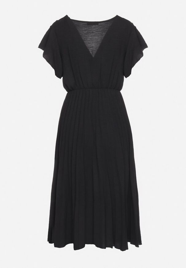 Born2be - Czarna Plisowana Sukienka z Kopertowym Dekoltem i Gumką w Talii Waretta. Typ kołnierza: dekolt kopertowy. Kolor: czarny. Typ sukienki: kopertowe. Styl: elegancki