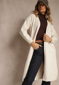Renee - Biały Niezapinany Casualowy Kardigan z Wełną o Długim Kroju Zozita. Okazja: na co dzień. Kolor: biały. Materiał: wełna. Długość: długie. Styl: casual