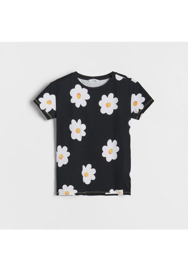 Reserved - T-shirt w kolorowe kwiaty - Czarny. Kolor: czarny. Wzór: kolorowy, kwiaty