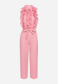 Born2be - Różowy Koktajlowy Kombinezon z Żabotem Szerokimi Nogawkami i Paskiem w Talii Uenelsea. Kolor: różowy. Styl: wizytowy #2