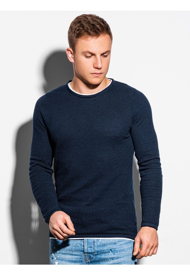 Ombre Clothing - Sweter męski E121 - granatowy - XXL. Okazja: na co dzień. Kolor: niebieski. Materiał: bawełna. Styl: casual, klasyczny, elegancki