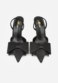 Born2be - Czarne Satynowe Sandały na Szpilce Bez Pięty z Kokardą Shiriniana. Okazja: na co dzień. Kolor: czarny. Materiał: satyna. Wzór: aplikacja. Obcas: na szpilce. Styl: klasyczny, casual, elegancki #4