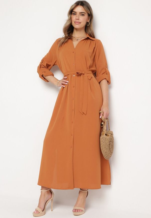 Born2be - Brązowa Rozpinana Sukienka Koszulowa z Regulowanymi Rękawami Grimoire. Kolor: brązowy. Typ sukienki: koszulowe. Styl: wizytowy, elegancki