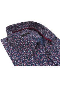 Mmer / Villaro - Koszule męskie - Granatowa koszula w niebiesko-bordowe kwiatki A080. Typ kołnierza: kołnierzyk klasyczny. Kolor: wielokolorowy, czerwony, niebieski. Materiał: bawełna, tkanina. Długość: długie. Wzór: kwiaty. Styl: elegancki, klasyczny #1