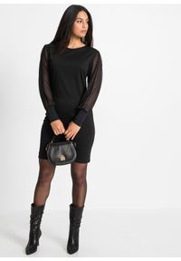 bonprix - Sukienka z dżerseju z szyfonowymi rękawami. Kolor: czarny. Materiał: jersey, szyfon. Styl: elegancki