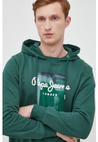 Pepe Jeans bluza bawełniana męska kolor zielony z kapturem z nadrukiem. Typ kołnierza: kaptur. Kolor: zielony. Materiał: bawełna. Wzór: nadruk
