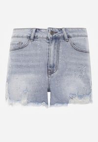 Renee - Niebieskie Szorty Jeansowe z Bawełną High Waist z Brokatem i Przetarciami Amatonice. Okazja: na spacer. Stan: podwyższony. Kolor: niebieski. Materiał: jeans, bawełna. Sezon: lato #7