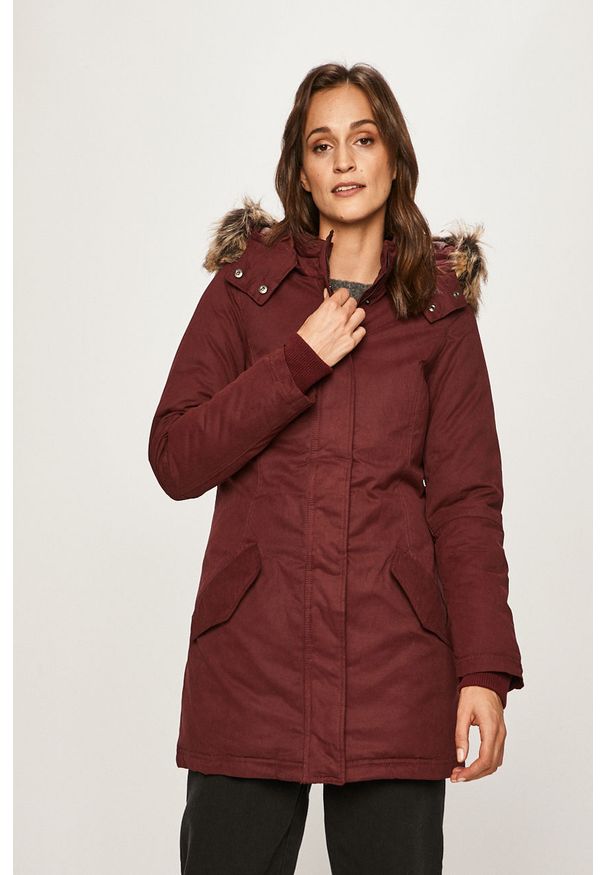 only - Only - Parka. Typ kołnierza: kaptur. Kolor: brązowy. Materiał: bawełna, materiał, akryl, poliamid, poliester, futro. Wzór: gładki