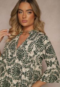 Renee - Ciemnozielona Bawełniana Sukienka o Rozkloszowanym Kroju w Ornamentalny Print Laniwea. Okazja: na co dzień. Kolor: zielony. Materiał: bawełna. Wzór: nadruk. Styl: casual #4