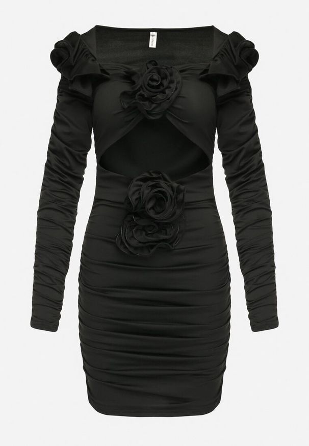 Born2be - Czarna Drapowana Sukienka Mini z Rozcięciami i Kwiatami Jadinia. Kolor: czarny. Wzór: kwiaty. Styl: elegancki. Długość: mini