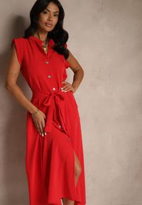 Renee - Czerwona Sukienka z Paskiem Koszulowa o Rozkloszowanym Fasonie Mavoselle. Okazja: na co dzień. Kolor: czerwony. Materiał: jeans. Typ sukienki: koszulowe. Styl: elegancki, casual #5