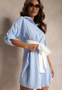 Renee - Jasnoniebieska Koszulowa Mini Sukienka z Wiskozy Wiązana w Pasie Fiammetta. Typ kołnierza: kołnierzyk klasyczny. Kolor: niebieski. Materiał: wiskoza. Długość rękawa: długi rękaw. Typ sukienki: koszulowe. Styl: klasyczny. Długość: mini #4