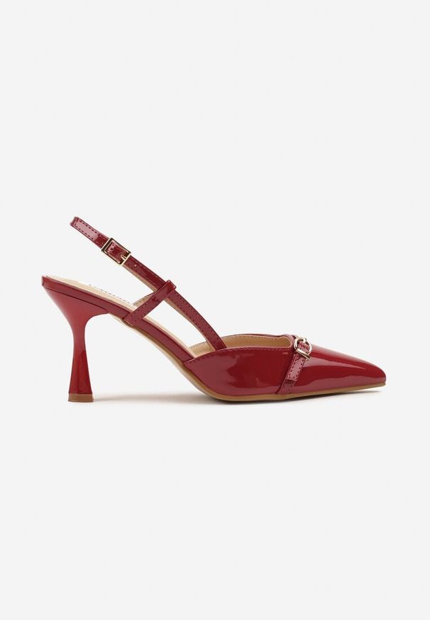 Renee - Bordowo-Czerwone Sandały Lakierowane Slingback Ozdobione Klamrą Novilora. Okazja: na co dzień. Zapięcie: klamry. Kolor: czerwony. Materiał: lakier. Wzór: aplikacja. Styl: elegancki, casual