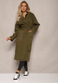 Renee - Zielony Płaszcz z Wiązanym Paskiem Oversize Terethia. Kolor: zielony. Materiał: materiał. Wzór: aplikacja