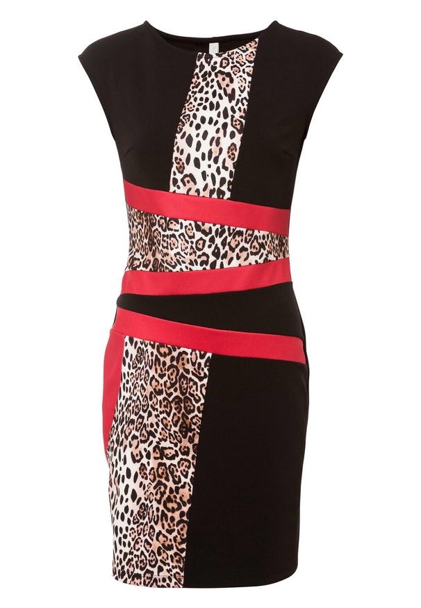 Sukienka ołówkowa w cętki leoparda bonprix czarno-czerwony. Kolor: czarny. Wzór: nadruk, aplikacja. Typ sukienki: ołówkowe. Styl: elegancki