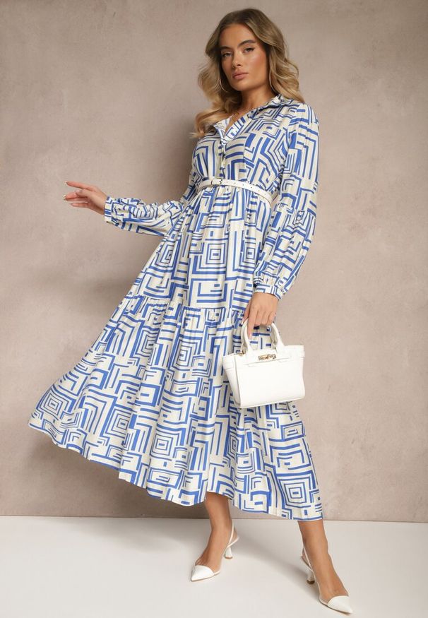 Renee - Niebieska Rozkloszowana Sukienka z Wiskozą w Geometryczny Print Apirestia. Okazja: na spacer, na co dzień. Typ kołnierza: dekolt w kształcie V. Kolor: niebieski. Materiał: wiskoza. Wzór: geometria, nadruk. Typ sukienki: proste. Styl: elegancki, casual