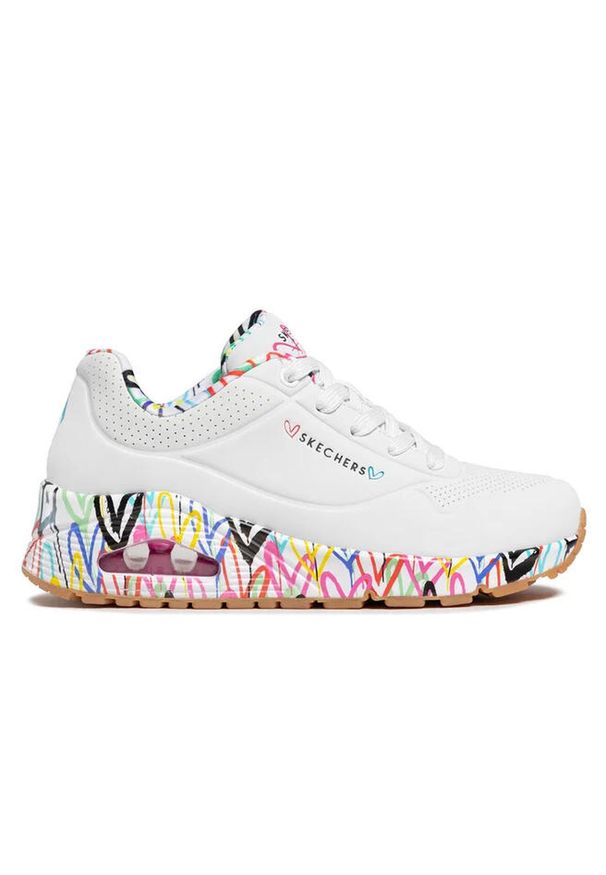skechers - Buty na co dzień damskie SKECHERS UNO LOVING LOVE. Okazja: na co dzień. Zapięcie: sznurówki. Kolor: biały. Materiał: materiał, syntetyk. Szerokość cholewki: normalna. Wzór: aplikacja. Sport: turystyka piesza