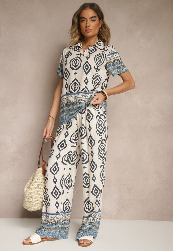 Renee - Niebieski Komplet z Wiskozy Luźne Spodnie i Bluzka w Print Boho Ralkio. Kolor: niebieski. Materiał: wiskoza. Wzór: nadruk