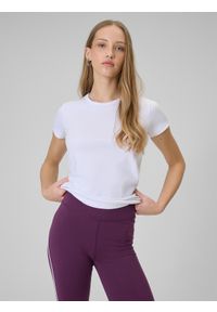 4f - 4F T-shirt slim gładki damski - biały M. Okazja: na co dzień. Kolor: biały. Materiał: bawełna, materiał. Długość: długie. Wzór: gładki. Styl: klasyczny, casual #1